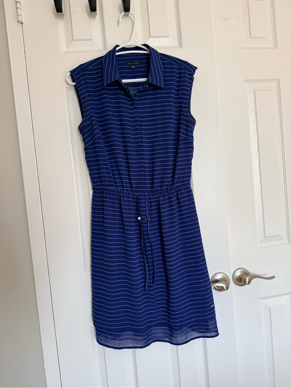 Tommy Hilfiger Navy Blue Striped Sleeveless Collared Mini Dress